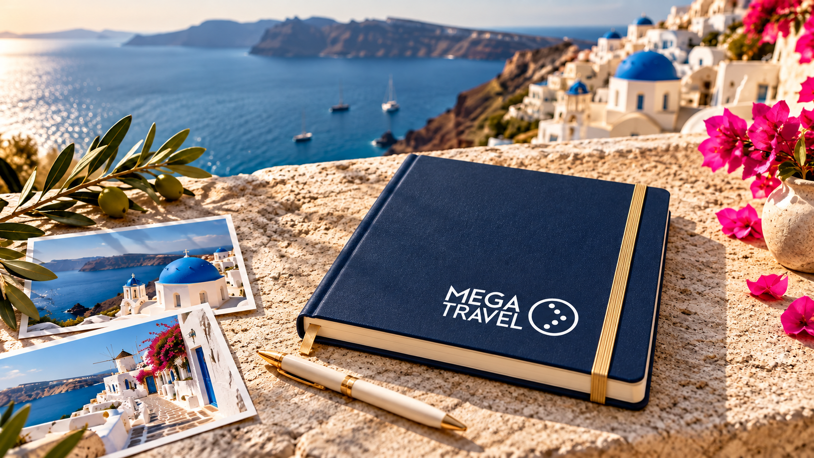 Calendario de contenidos de viaje junto al Egeo con el logotipo de Mega Travel