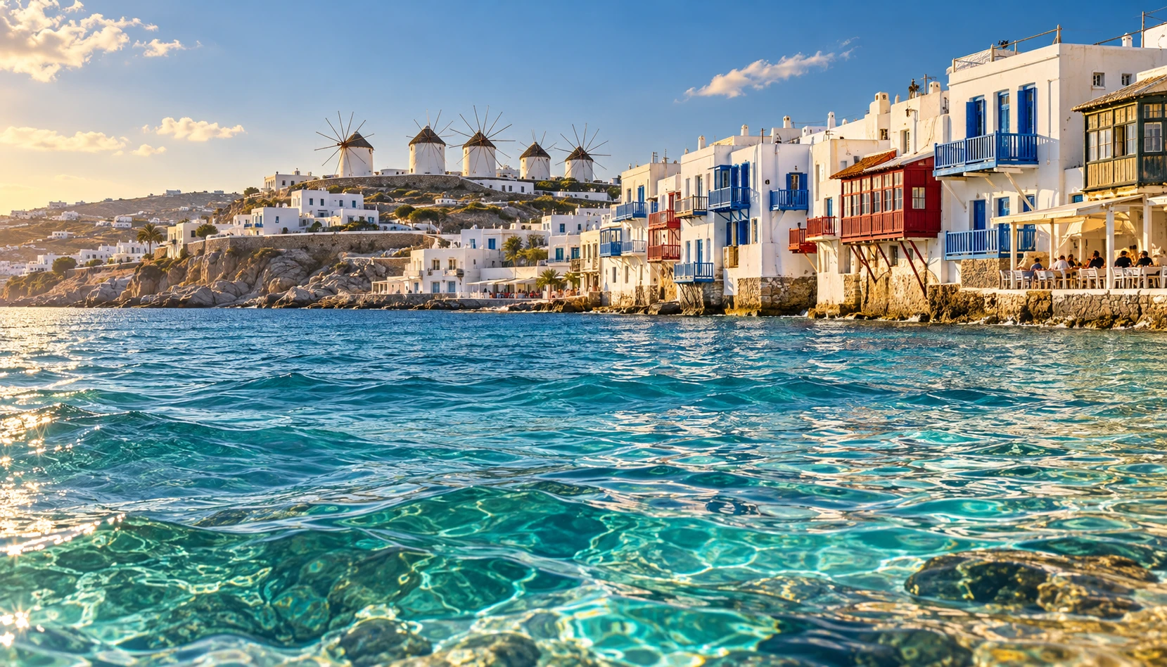 Molinos de Mykonos frente al mar Egeo