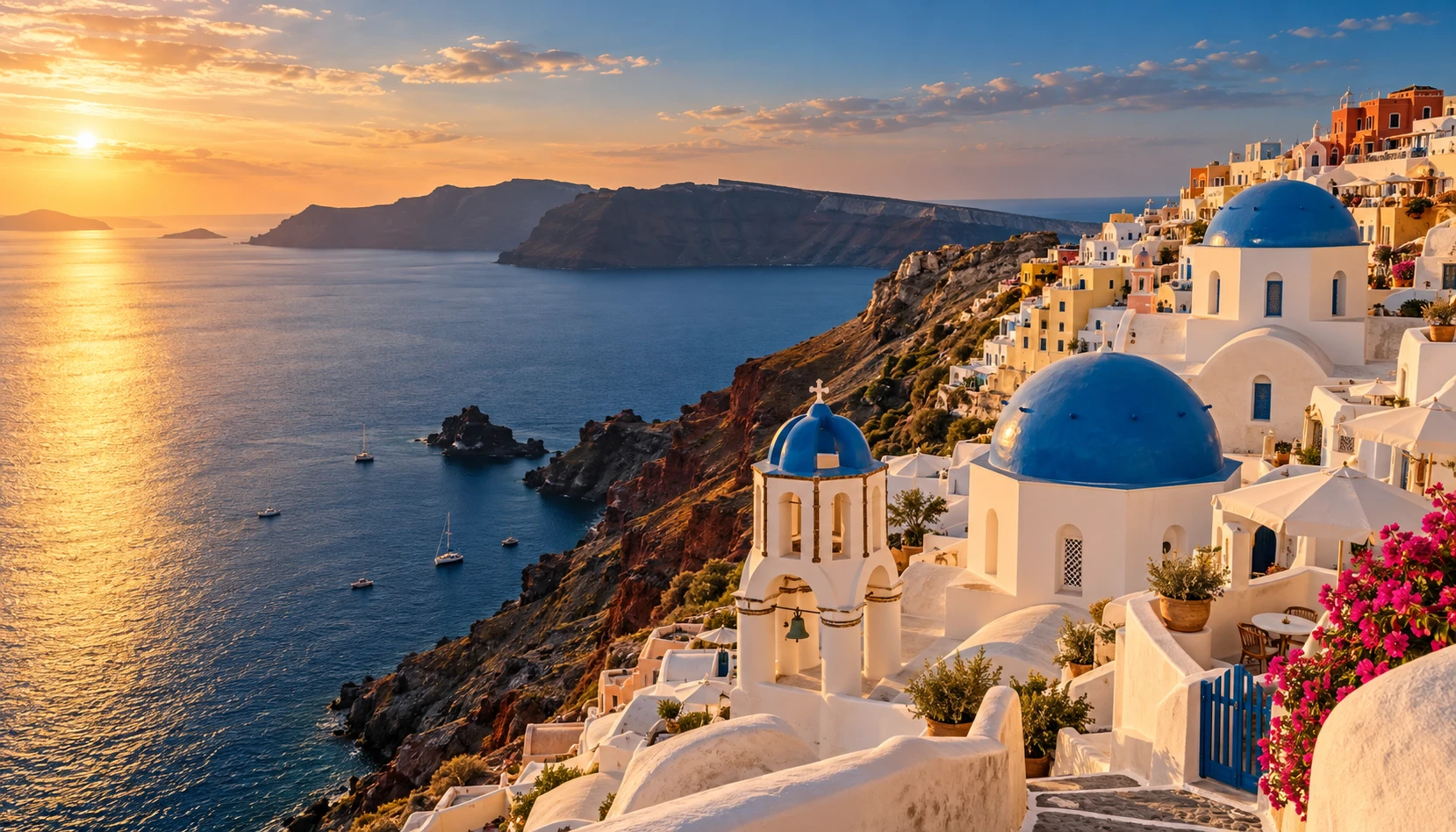 Atardecer sobre las casas blancas de Santorini